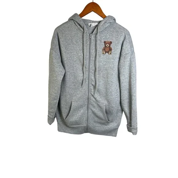 Birch & Stone “Cute But Psycho” Zip Up Teddy Bear Hoodie Sweater Gray Size S - Picture 2 of 7